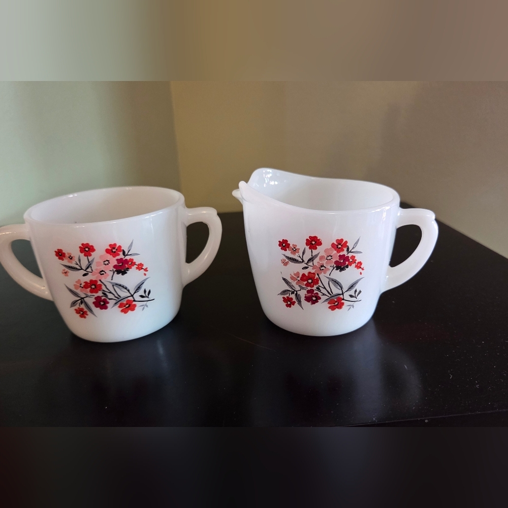 Fire King Oven Ware Vtg Milkglass Cream Sugar Set Primrose Flower 2pc Tea Coffee